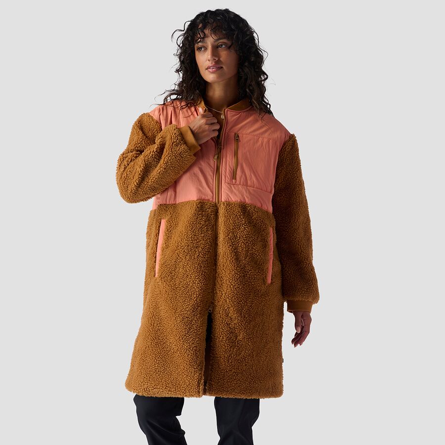 Mixed Fabric Fleece Long Coat - Women's