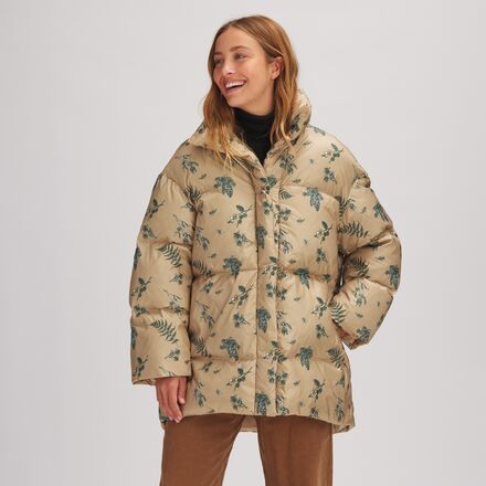 Basin and Range - High Neck Down Puffer Printed Jacket - Women's - Foliage Print/Croissant