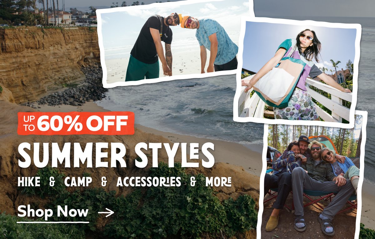 Up to 60% off summer styles — hike, camp, accessories & more. Friends hanging out at the beach and campsite. Shop now.