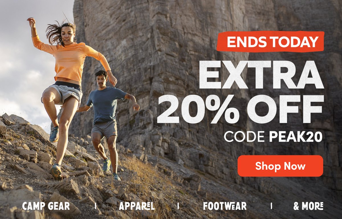 Extra 20% off with code PEAK20, ends today — camp gear, apparel, footwear & more. Two trail runners on rocky terrain with cliff backdrop. Shop now.