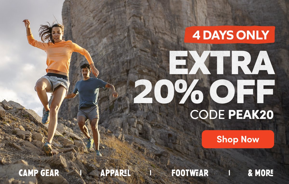 Extra 20% off with code PEAK20 — 4 days only. Shop camp gear, apparel, footwear & more. Two trail runners on rocky mountain terrain. Shop Now.