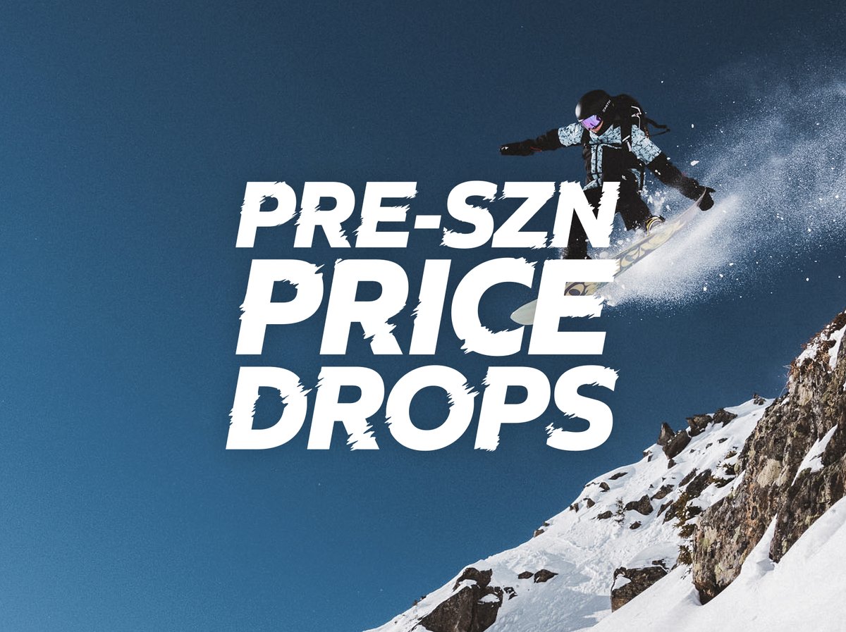 Pre-SZN Price Drops — snowboarder catching air off a snowy ridge against a deep blue sky.