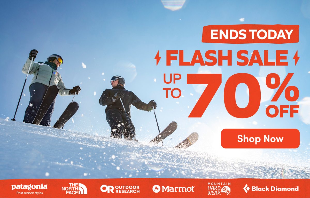 Ends today: Flash Sale up to 70% off Patagonia past season styles, The North Face, Outdoor Research, Marmot, Mountain Hardwear, Black Diamond — two skiers on a sunny snowy slope. Shop Now.