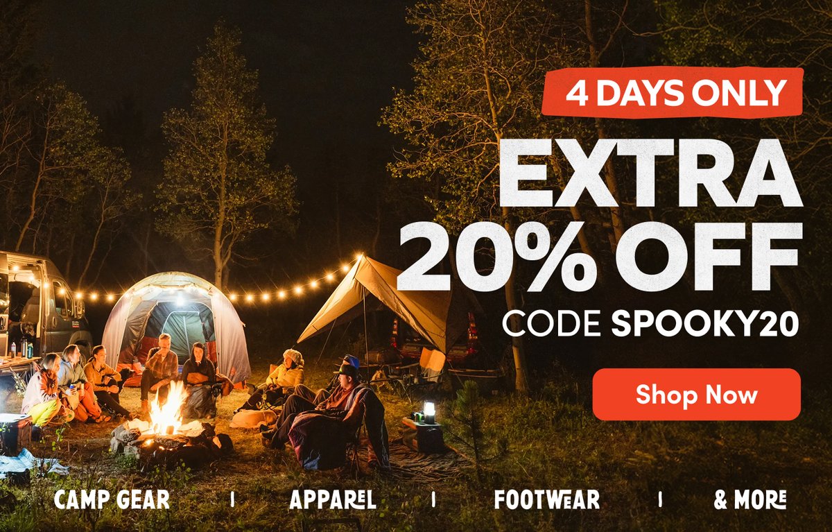Extra 20% off with code SPOOKY20 — 4 days only. Shop camp gear, apparel, footwear & more. Friends sitting around campfire at night. Shop Now.