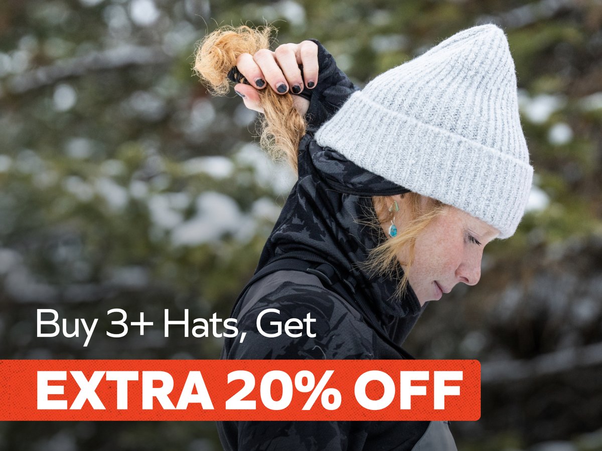 Promotion: buy 3 or more hats and get an extra 20% off, shown with a woman in a grey knit beanie outdoors in snow.