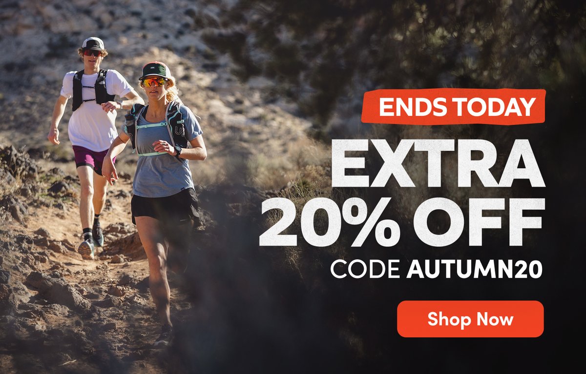 Ends today: extra 20% off with code AUTUMN20 — two trail runners on a rocky desert path. Shop Now.