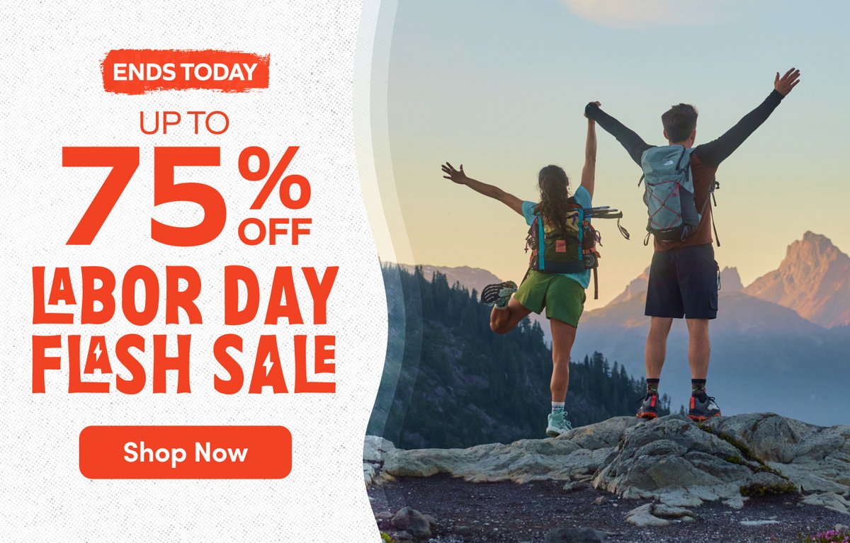 Ends today: up to 75% off Labor Day Flash Sale. Two hikers with arms raised celebrating on a rocky mountain outcrop, forest and peaks in the distance. Shop now.