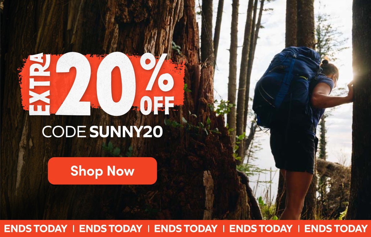 Extra 20% off with code SUNNY20 on outdoor gear. Hiker with blue backpack on forest trail. Shop Now. Ends Today.