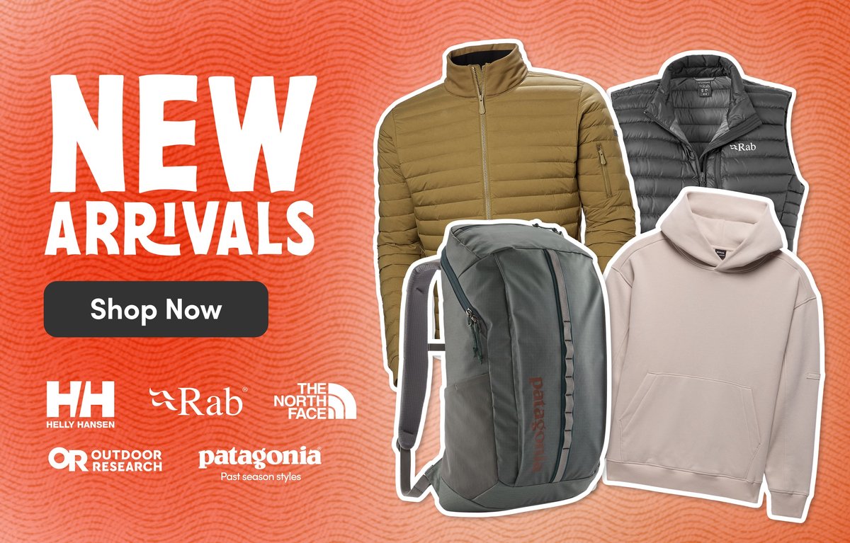 New arrivals from Helly Hansen, Rab, The North Face, Outdoor Research, Patagonia. Puffer jackets, vest, backpack, hoodie on coral background. Shop now.