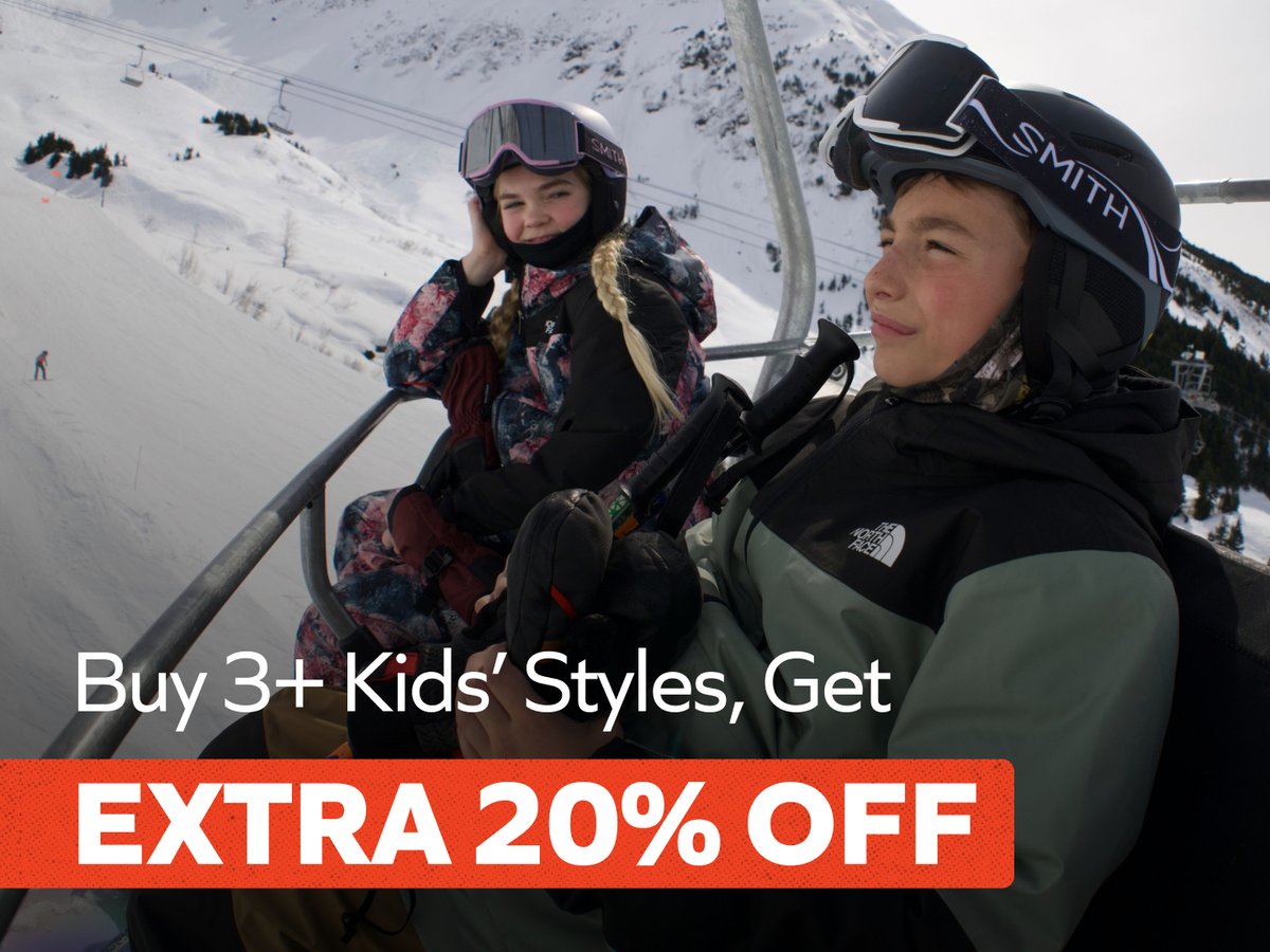 Kids in helmets and goggles riding a snowy chairlift; promo offers extra 20% off when buying 3+ kids' styles.
