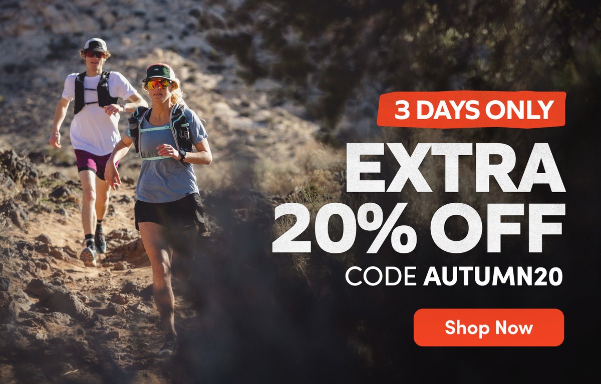 3 days only: extra 20% off with code AUTUMN20 — two trail runners on a rocky desert path. Shop Now.