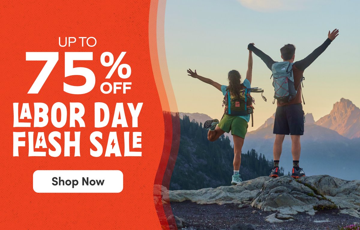 Up to 75% off Labor Day Flash Sale — hikers celebrating with raised arms on a mountain overlook with scenic peaks. Shop Now